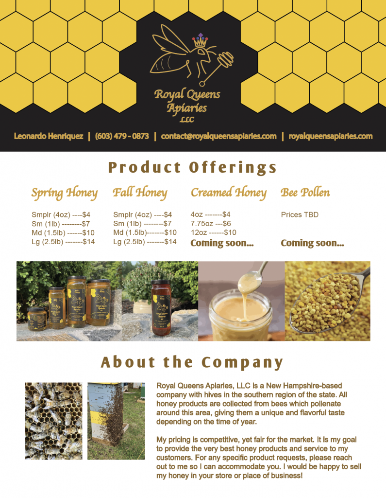 Royal Queens Apiaries, LLC Product Flier (White)